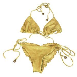 Luli Fama Triangle Top & Ruched Tie Side Bottoms Bikini in Gold